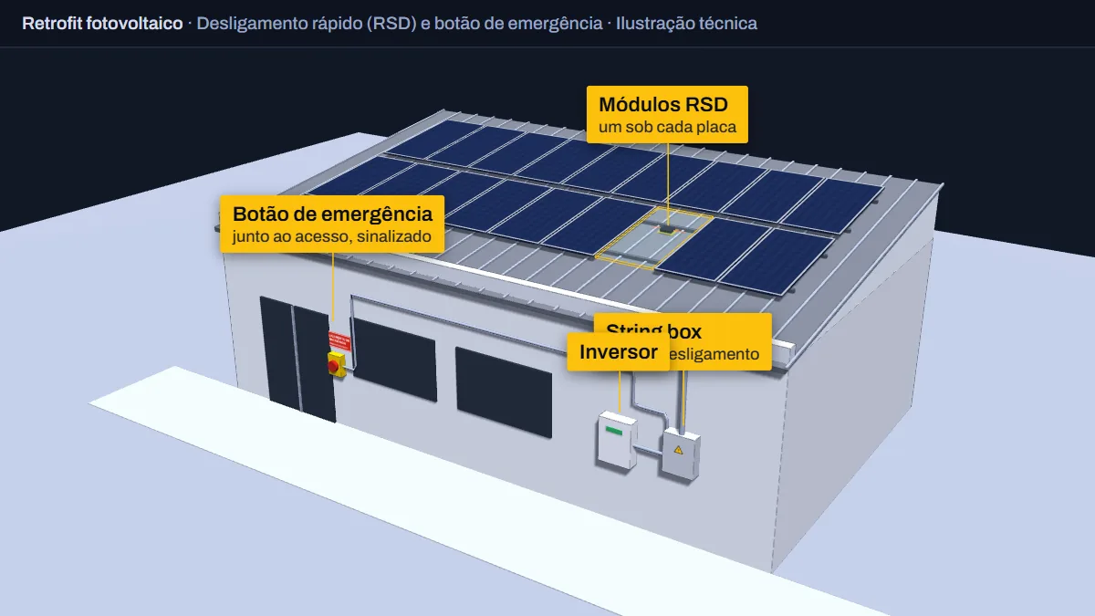 Ilustração técnica de edificação com usina solar no telhado: módulos RSD sob as placas, string box com relé de desligamento, inversor e botão de desligamento de emergência sinalizado junto ao acesso
