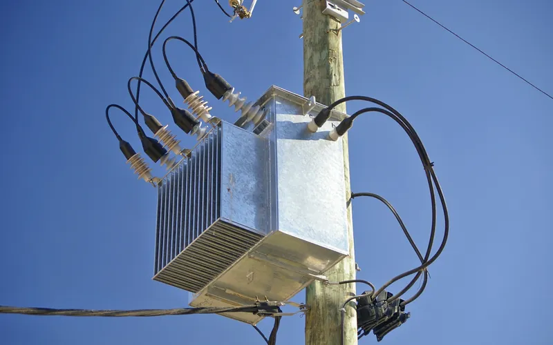 Transformador de distribuição instalado em poste, com as buchas de média tensão conectadas à rede