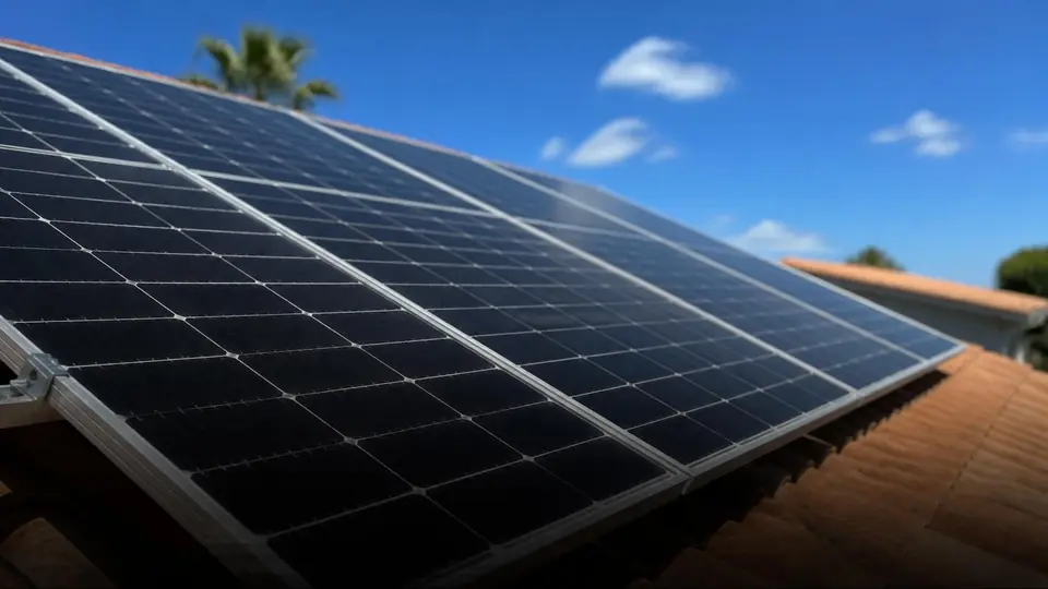 Placas solares monocristalinas num telhado sob sol forte e céu azul