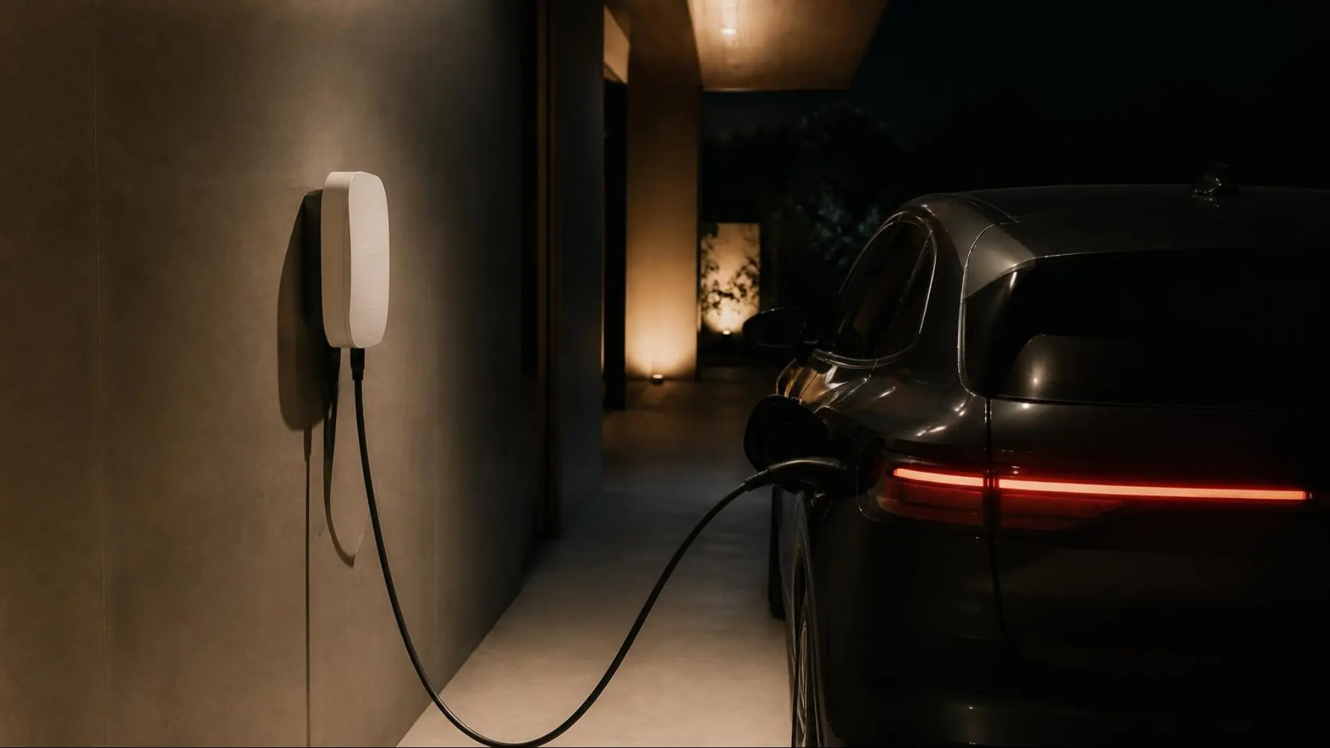 Carregador de parede (wallbox) ligado a um carro elétrico numa garagem